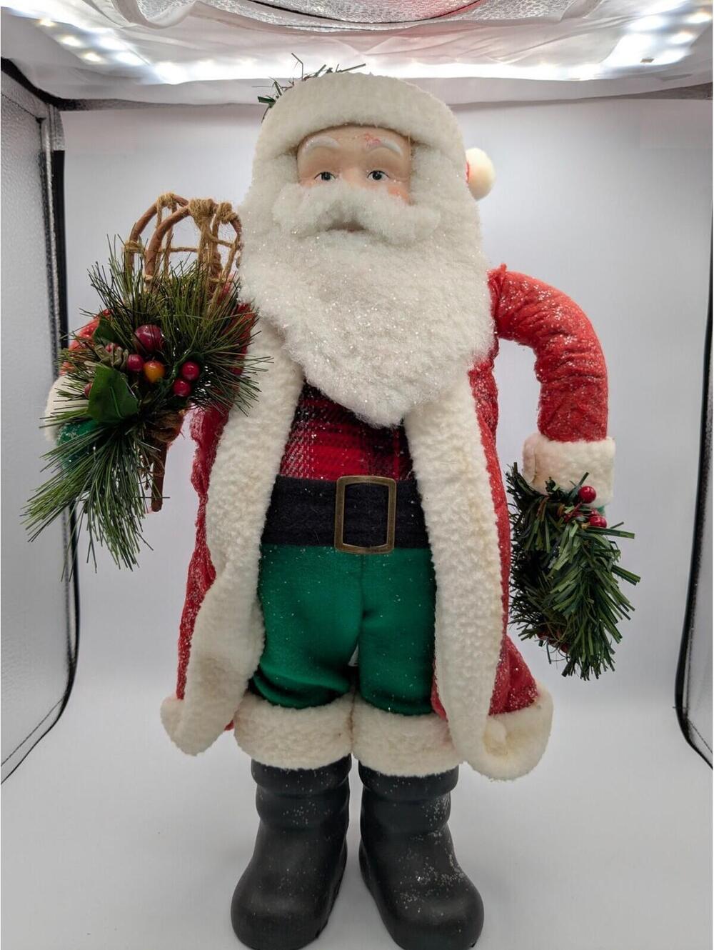 Decorative Santa Claus Figurine Cloth with Plastic Boots Holding Wreaths 18"